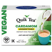 QuikTea Vegan Unsweetened Cardamom Instant Chai Tea Latte - 10 Count Single Box - Convenient, Easy Ayurvedic Dairy Free Alternative - All Natural Non GMO Superfood