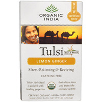 Organic India Tulsi Lemon Ginger Herbal Tea - Stress Relieving & Reviving, Immune Support, Aids Digestion, Vegan, USDA Certified Organic, Non-GMO, Caffeine-Free - 18 Infusion Bags, 1 Pack