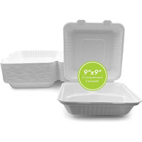 400 Pack 9  X 9  3 COMPARTMENT BAGASSE CLAMSHELL. Heavy-Duty- Super Strong- Natural- Eco-Friendly Disposable Bagasse Clamshell, 100% Biodegradable 9 inch clamshell