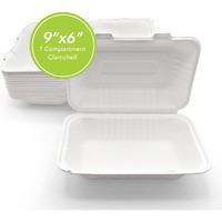 250 Pack 9  X 6  1 COMPARTMENT BAGASSE CLAMSHELL. Heavy-Duty- Super Strong- Natural- Eco-Friendly Disposable Bagasse Clamshell, 100% Biodegradable 9 x 6 inch clamshell Biryani Box