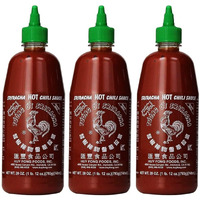 The Original Huy Fong Sriracha, 28 OZ Rooster Sriracha Chili Sauce, Spicy Flavor Hot Sauce W/Chili Pepper, Low Carb Classic Cook Sriracha Chili Paste for Hotdogs Eggs Burgers Soups Tacos, 3-Pack