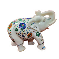 8 inch Marble Elephant, White Marble Inlay Elephant, Elephant Figurine, Marble Inlay, Stone Elephant, Semi Precious Stones Inlay Home Decor Gift