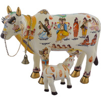 Polyresin Kamdhenu Cow With Calf Set and God Painting work Showpiece, 20 cm, Multicolour,