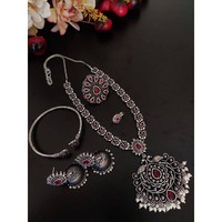 Temple jewellery, stone jewelry set, Indian oxidised set with pearls, Kolhapuri set, ethnic jewelry, long necklace set, boho tribal jewelry
