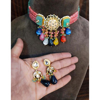 Multicolor Kundan Beads Choker Set, Indian Jewellery, colorful jewellery set, wedding jewelry, beads and polki necklace, bridal jewelry