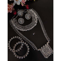 Oxidised Jewellery Set Of 6, Ghunghroo Choker With Long Necklace, German Silver Jewelry, Kolhapuri Oxidised Set, Indian Silver Choker