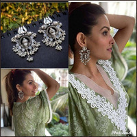 Oxidised Trishul ganesha earrings with pearls, Indian ethnic jewelry, tribal earrings, Bollywood celebrity, silver black earrings, Handmade