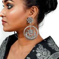 Boho mirror oxidized crescent earrings, indian Afghani handmade earrings, ethnic earrings, round earrings, silver look mirror earrings, gift