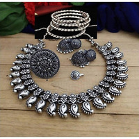Indian Silver Statement Ethnic German Silver Oxidized Set | Oxidized Set | Boho Jewelry | Bib Necklace | Choker Jewelry Set of 5