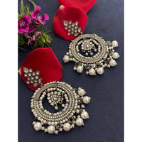 Pearl round Big stone earrings, Black oxidised earrings, Indian ethnic earrings, big long earrings, wedding earrings, gifts for her, handmad