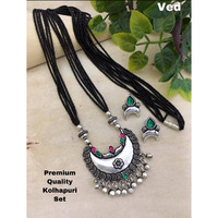 Stylish Black Long Beaded Chain With Oxidized Pendant and Earring