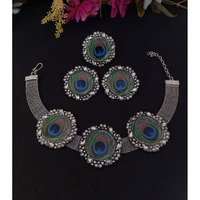 Peacock Feather Oxidized Choker Set | Statement Set | Statement Jewelry | Oxidized Silver Necklace | Boho Necklace | Indian Ethnic