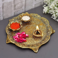 Sensimon Metal Pooja Thali with Diya & Kumkum Holder for Pooja Home/Temple/Mandir Decorative Showpiece Pooja Thali Set for Diwali Poojan Rakshabandhan, Ganesh Pooja, DiwaliWedding Gift Article