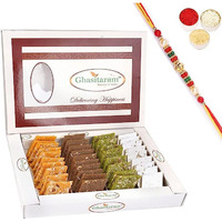 Ghasitaram Gifts Rakhi Gifts for Brothers Rakhi Sweets - Pure Assorted Kaju Katlis 400 GMS with Beads Rakhi