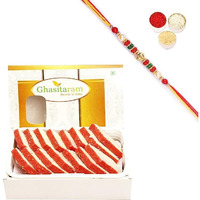 Ghasitaram Gifts Rakhis For Brother Rakhi Sweets - Irish kaju Katli 200 gms with Rudraksh Rakhi