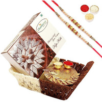 Ghasitaram Gifts Rakhi Gifts for Brothers Small Metal Brown Basket of Kaju Katli and Pooja Thali with 2 Pearl Rakhis