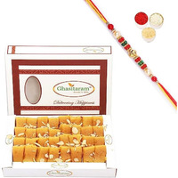 Ghasitaram Gifts Rakhis For Brother Rakhi Sweets - Soft Mysore pak (400 gms) with Rudraksh Rakhi