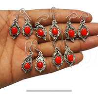 Coral 10 Pair Wholesale Lot 925 Sterling Silver Earring NLE-421