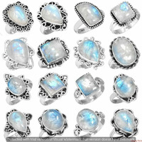 Rainbow Moonstone Stone 100 pcs Wholesale Lot 925 Sterling Silver Plated Rings