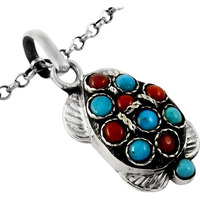 Island Fantasy!! Coral, Turquoise 925 Sterling Silver Pendant