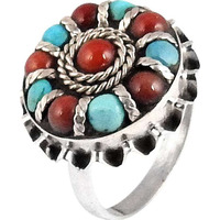 Big Falling In Love!! Coral, Turquoise 925 Sterling Silver Ring
