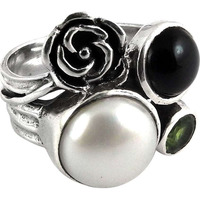 Personable!! Pearl, Black Onyx, Peridot 925 Sterling Silver Ring