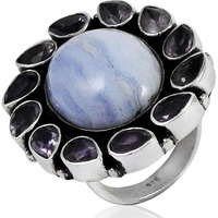 Stylish Design !! 925 Sterling Silver Blue Lace Agate, Amethyst Ring