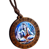 Men's Indian God Round Glass Wood Pendant Necklace - 1.53 In