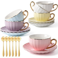 Cups and Saucers Set of 6, Coffee Mugs, Pumpkin Cups,Tea Set,18-Piece, Cup with 7.7oz, Golden Trim, Golden Spoon, Bone China