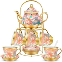 20 Pieces Porcelain Tea Set for Adults with Metal Holder European Ceramic Tea Set Cup Saucer Gold Plated Ceramic Tea Set