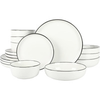 16 Piece Porcelain Dinnerware Set, White w/Black Rim, Service for 4, Dishwasher and Microwave Safe