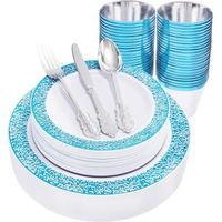 180PCS Blue Plastic Plates with Silverware, Includes: 30 Dinner Plates, Dessert Plates, Cups and Cutlery Sets