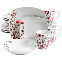 16pc Round Square Floral Fine Ceramic Dinnerware Set White Glossy Finish Microwave Dishwasher Safe incl. 4 Bowls Plates Mugs