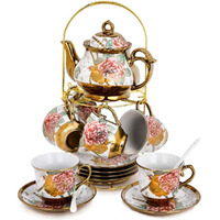 20 Piece European Ceramic Tea Set Coffee set, With Metal Holder,flower tea set,160ML/Cup, 460ML/Pot, Porcelain Tea Set