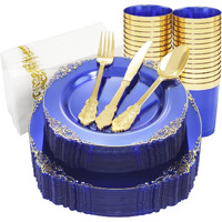 175PCS Clear Blue Gold Plastic Plates Sets Include 25Dinner Plates, 25Dessert Plates, 25Cups, 25Forks, 25Knives, 25Spoons