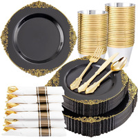 175PCS Black and Gold Plastic Plates - Disposable Black Party Plates & Pre Rolled Napkins with Cutlery