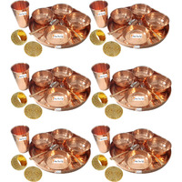 Set of 6 Prisha India Craft B. Dinnerware Pure Copper Thali Set Dia 12  Traditional Dinner Set of Plate, Bowl, Spoons, Glass with Napkin ring and Coaster - Christmas Gift