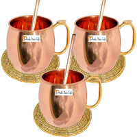 Set of 3 - Prisha India Craft B. Pure Copper Moscow Mules Copper Mug with Thumb Handle 475 ML / 16 oz - Cocktail Cup - Christmas Gift Bonus with WOODEN KEYRING, Copper Straw, Beaded Coaster