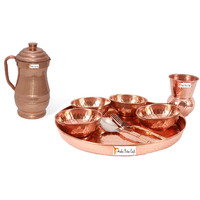 Prisha India Craft B. Dinnerware Traditional 100% Pure Copper Dinner Set of Thali Plate, Bowls, Glass and Spoon, Dia 12  With 1 Pure Copper Maharaja Pitcher Jug - Christmas Gift
