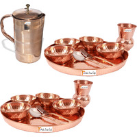 Prisha India Craft B. Set of 2 Dinnerware Traditional 100% Pure Copper Dinner Set of Thali Plate, Bowls, Glass and Spoon, Dia 12  With 1 Luxury Style Pure Copper Pitcher Jug - Christmas Gift