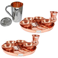 Prisha India Craft B. Set of 2 Dinnerware Traditional 100% Pure Copper Dinner Set of Thali Plate, Bowls, Glass and Spoon, Dia 12  With 1 Stainless Steel Copper Pitcher Jug - Christmas Gift