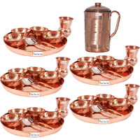 Prisha India Craft B. Set of 5 Dinnerware Traditional 100% Pure Copper Dinner Set of Thali Plate, Bowls, Glass and Spoon, Dia 12  With 1 Pure Copper Pitcher Jug - Christmas Gift