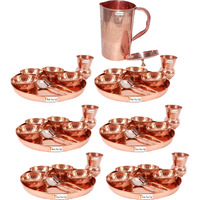 Prisha India Craft B. Set of 6 Dinnerware Traditional 100% Pure Copper Dinner Set of Thali Plate, Bowls, Glass and Spoon, Dia 12  With 1 Pure Copper Embossed Pitcher Jug - Christmas Gift