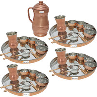 Prisha India Craft B. Set of 4 Dinnerware Traditional Stainless Steel Copper Dinner Set of Thali Plate, Bowls, Glass and Spoons, Dia 13  With 1 Pure Copper Maharaja Pitcher Jug - Christmas Gift