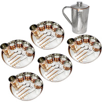 Prisha India Craft B. Set of 5 Dinnerware Traditional Stainless Steel Copper Dinner Set of Thali Plate, Bowls, Glass and Spoons, Dia 13  With 1 Stainless Steel Copper Hammered Pitcher Jug - Christmas Gift
