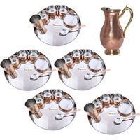 Prisha India Craft B. Set of 5 Dinnerware Traditional Stainless Steel Copper Dinner Set of Thali Plate, Bowls, Glass and Spoon, Dia 13  With 1 Pure Copper Mughal Pitcher Jug - Christmas Gift