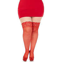 Leg Avenue Women's Plus Size Stay-Up Lace Top Thigh Highs, Red, 1X