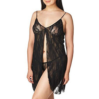 Leg Avenue Women's Plus Size 2 Pc Romantic Lace Babydoll and Matching G-String Lingerie Set, Black