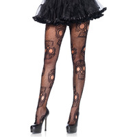 Leg Avenue Women's Skull Fishnet Tights, Sugar Skull, 1X-2X