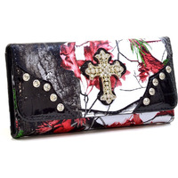 Gold Rush WC99-RD & CAM Western Rhinestone Cross Accent Wallet - Red & Camouflage